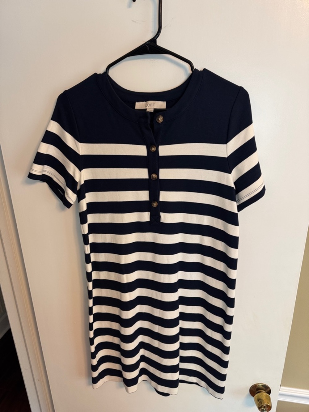 LOFT Navy & White Striped Henley Short Sleeve Top